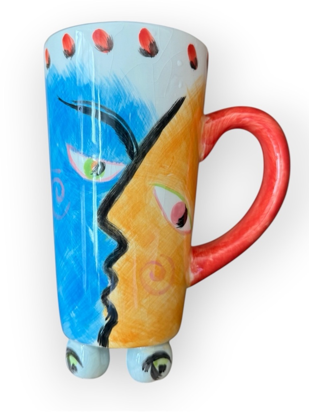 Hand-Painted Blue & Yellow Ceramic Art Mug with Red Handle